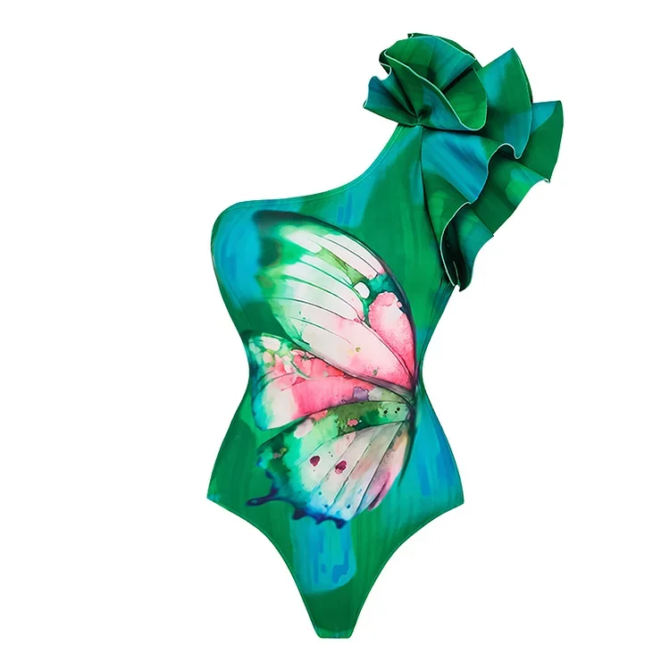 2024 Vrouwen Vlinder Print Ruche Één Schouder Een Stuk Tweedelig Badpak Monokini Badpak En Rok