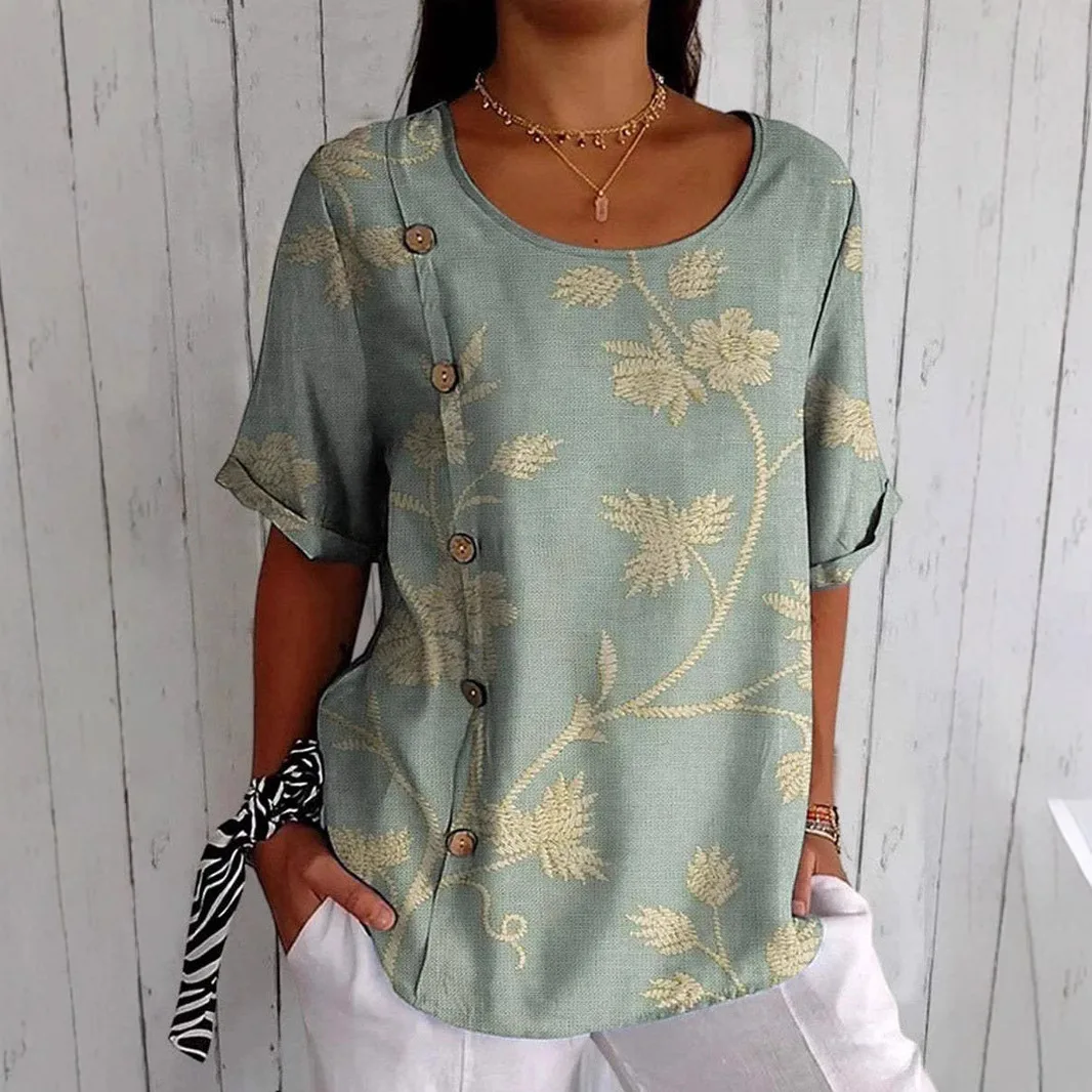

New printed pullover loose Chinese style women's T-shirt short-sleeved top fashionable simple temperament elegant versatile high