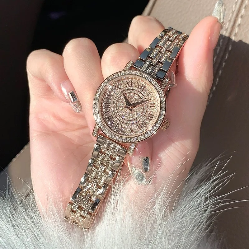 Retro Luxury Women Shining Diamond Watch Brand Quartz Gold Sliver Bracelet Watches Zircon Crystal Top Elegant Wristwatch Clock