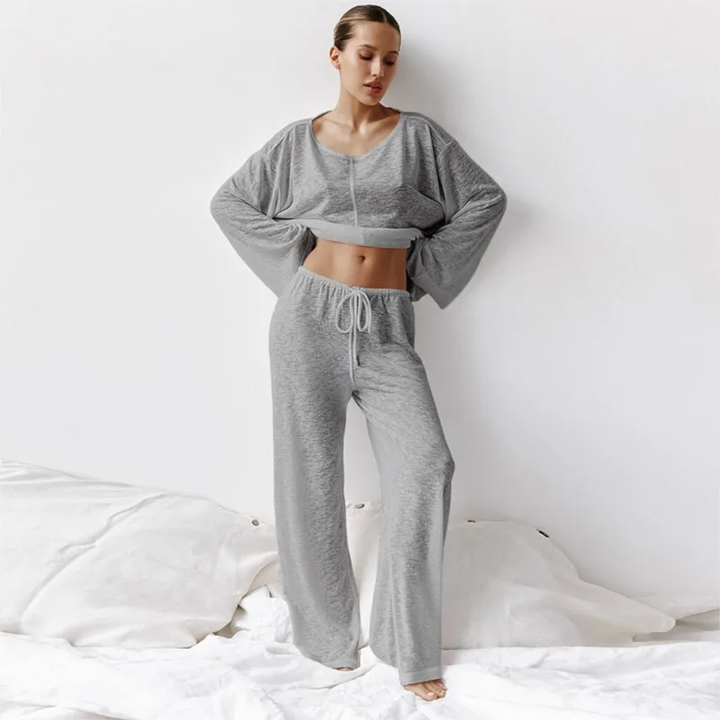 White Pajamas For Women 2 Piece Sets Loose Long Sleeve O Neck Sleepwear Female Casual Trouser Suits 2024 Autumn Solid Nightwear