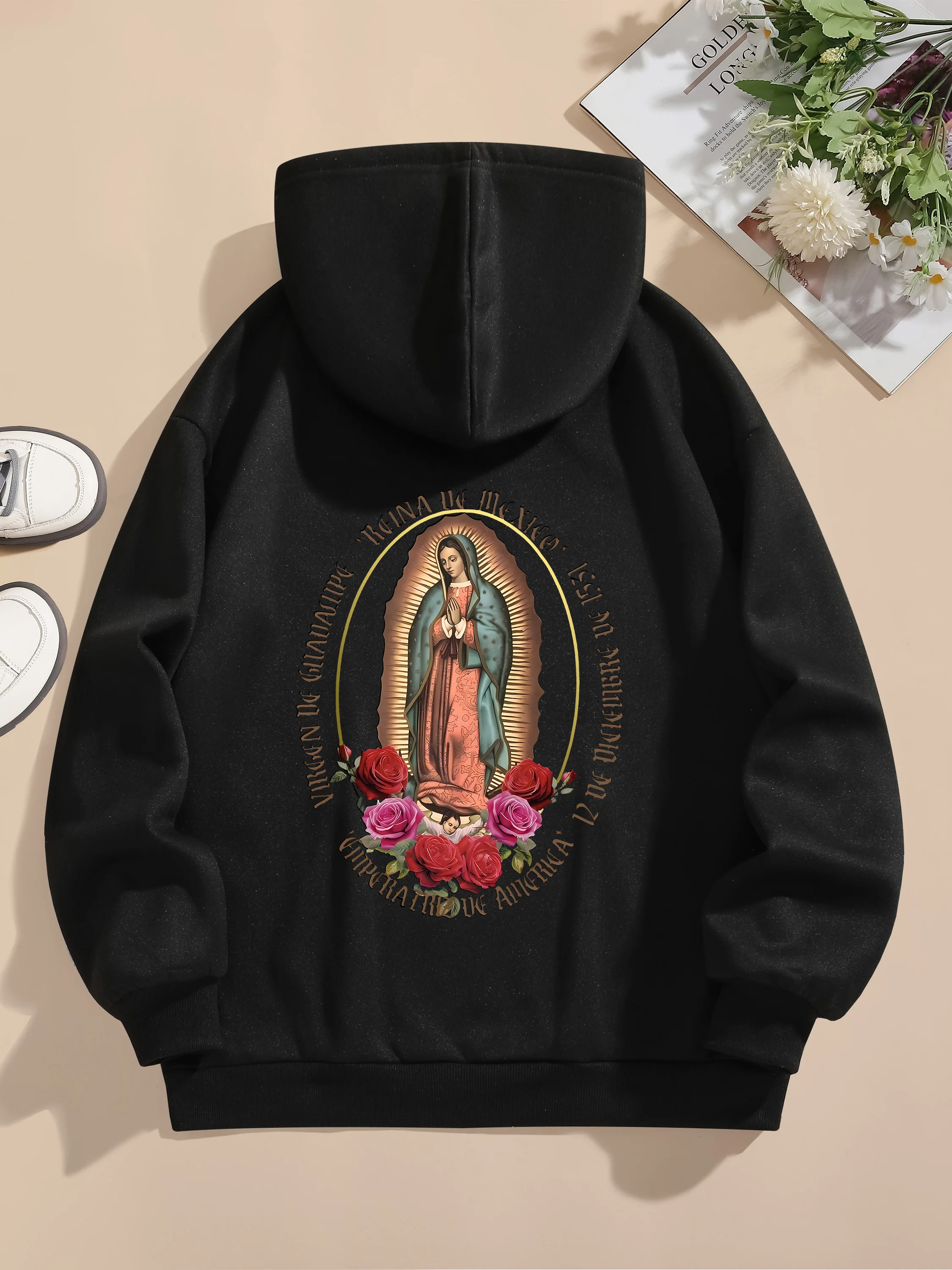 

Ladies White Virgin Mary Pattern Hoodie - Comfortable Fall/Winter Casual Pullover Printed with Floral Pattern, Dr