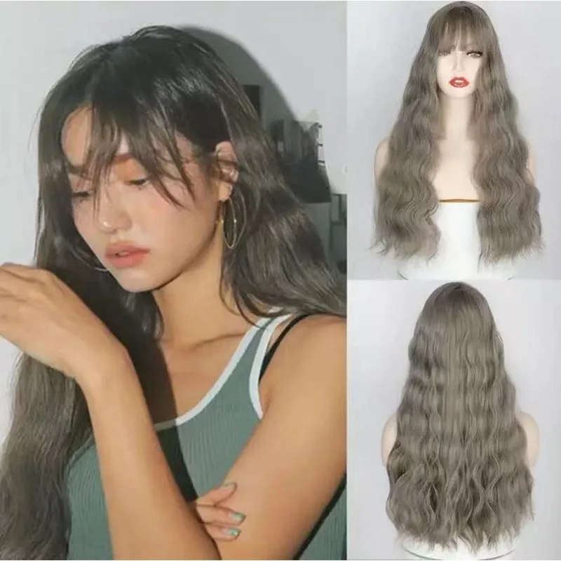 

Euramerican Fashion Wavy Curls Corn Perm Woman Wig 28inch Button Mesh Straight Bangs Simulated Hair High-temperature Silk Wig