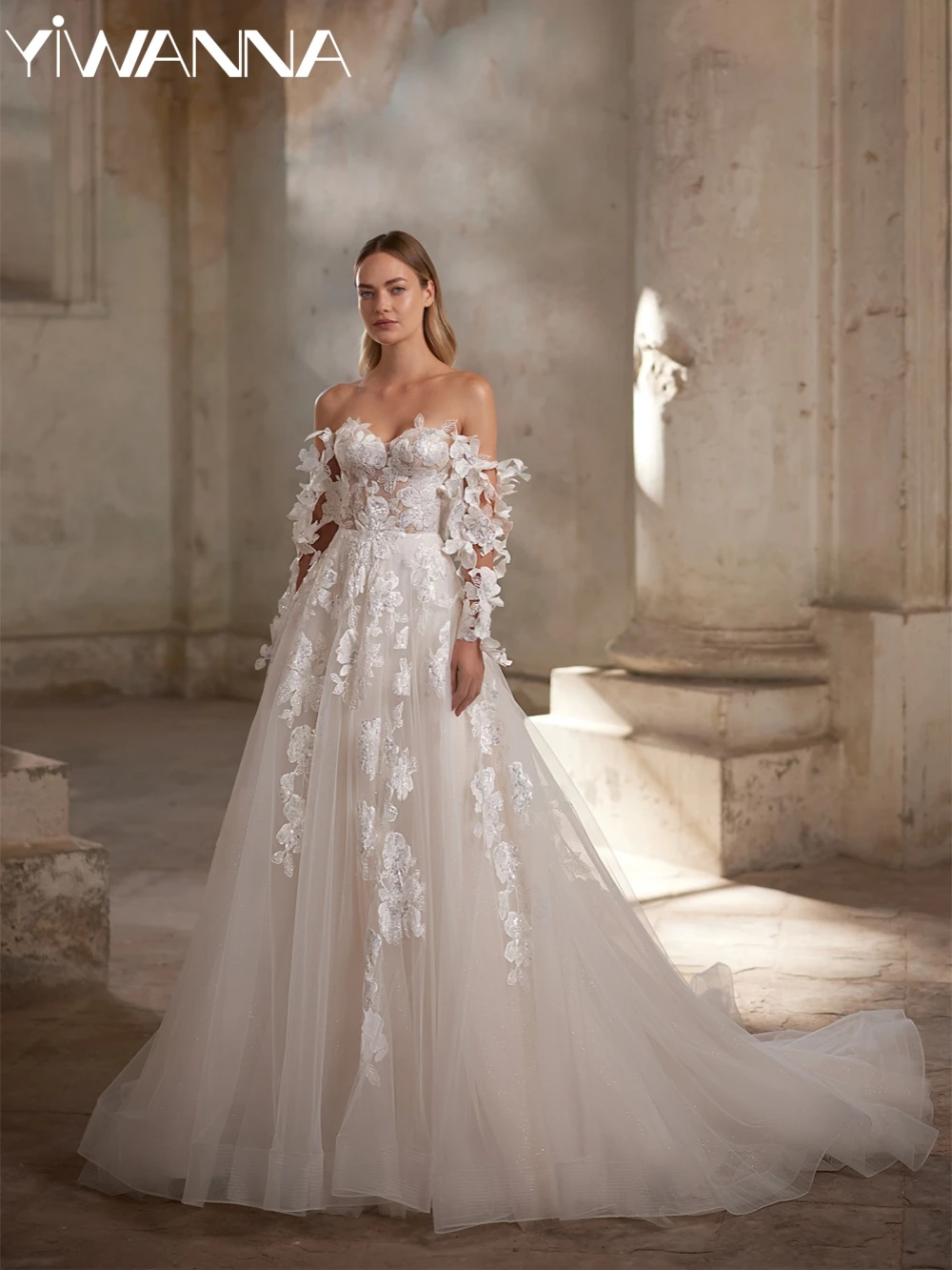 

Detachable Sleeve Sequined Appliques Wedding Dress Glitter A-line Long Bridal Gown Customized Sweetheart Neck Dresses For Bride
