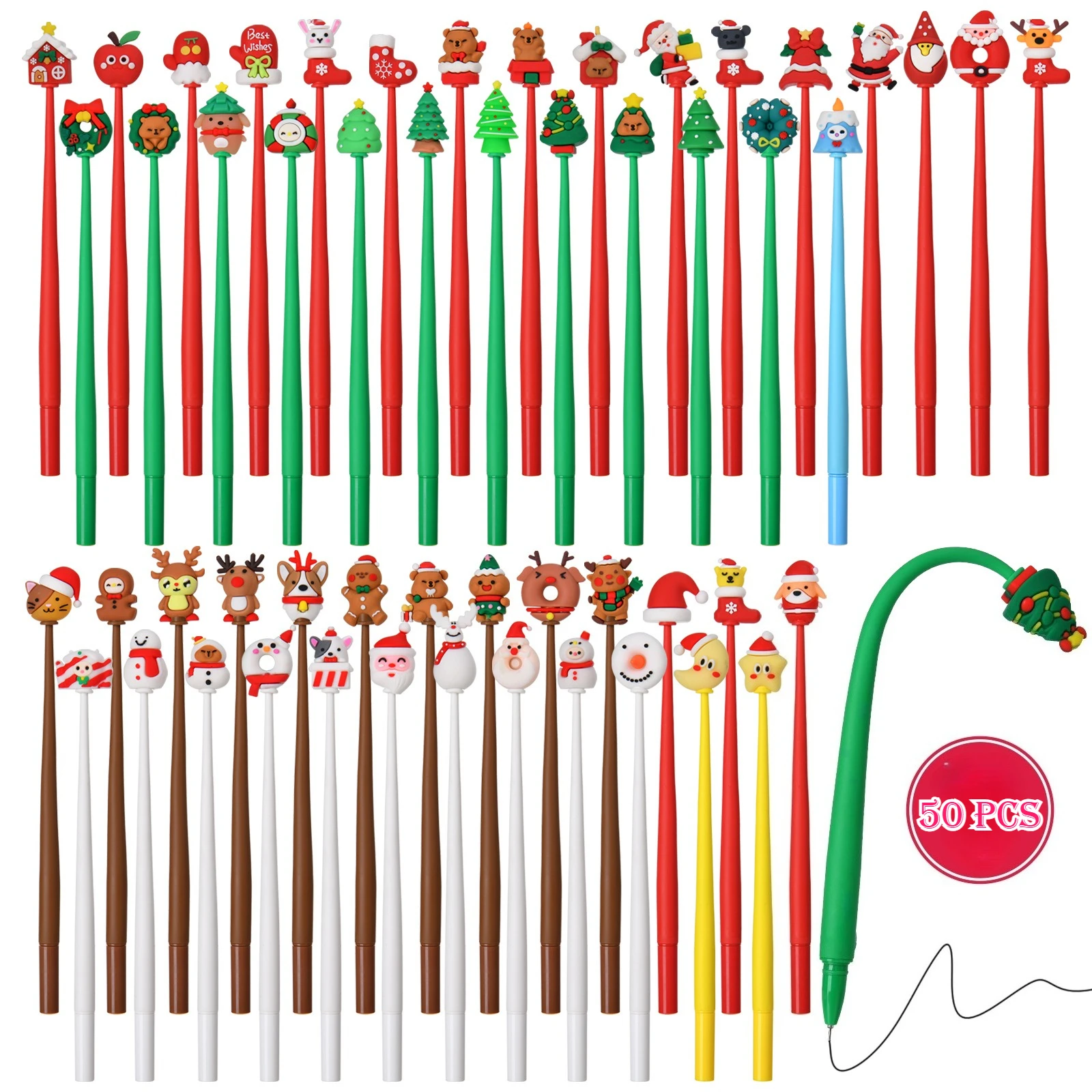 50 قطعة من أقلام بلاستيكية محايدة لطيفة على طراز عيد الميلاد مقاس 0.5 مم، هدايا مثالية لعيد الميلاد للأطفال والطلاب