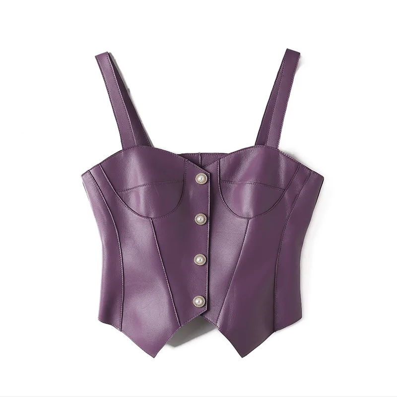 

Purple/Coffee Genuine Leather Sleeveles Vest Women Spring Summer Sheepskin Korean Fashion Waist Closing Slim Tube Top Suspender