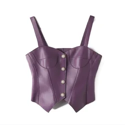 Purple/Coffee Genuine Leather Sleeveles Vest Women Spring Summer Sheepskin Korean Fashion Waist Closing Slim Tube Top Suspender