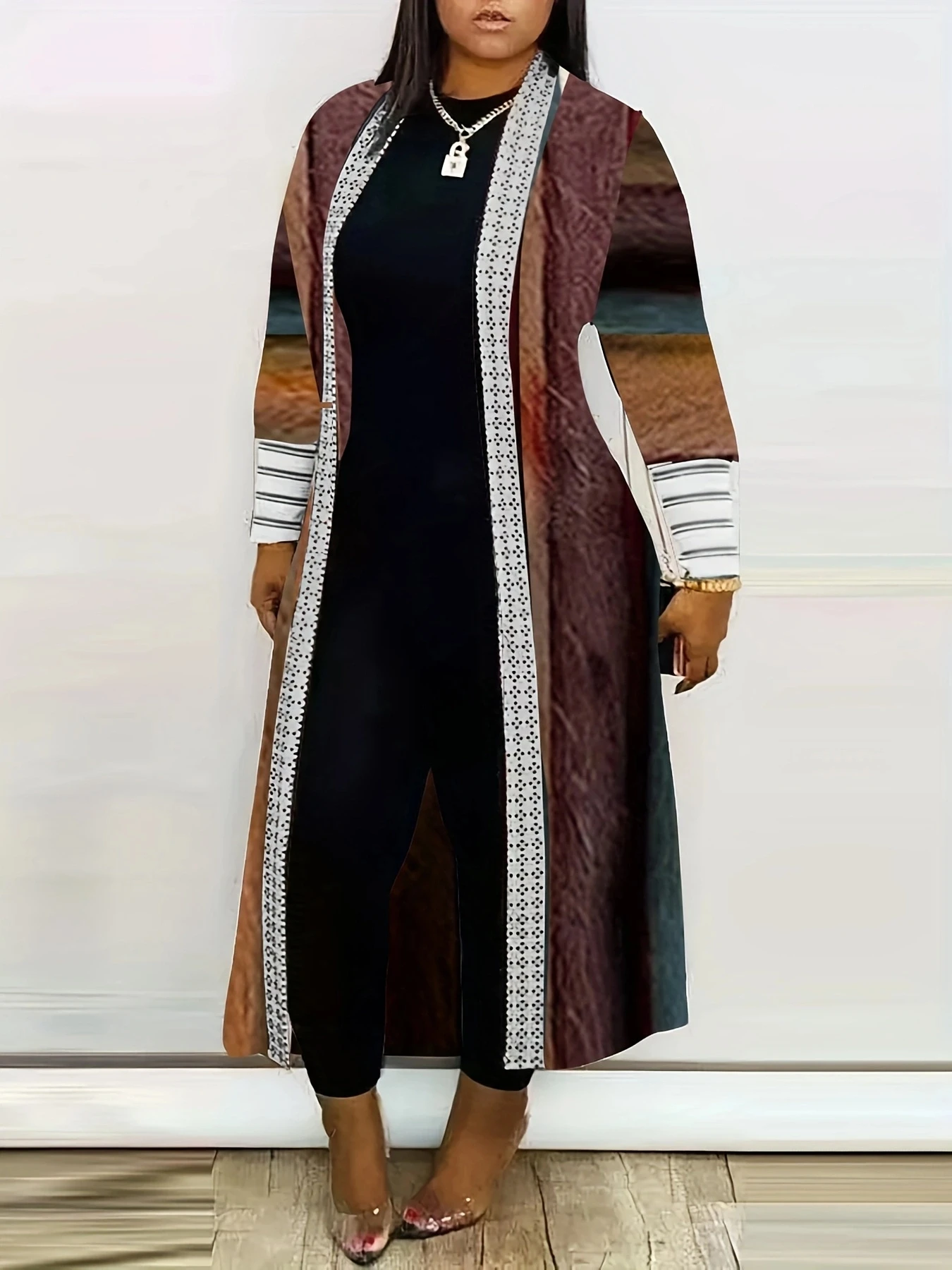 

Plus Size Casual Coat, Women's Plus Stripe Print Long Sleeve Open Front Slight Stretch Outwear Long CoatNyfairy