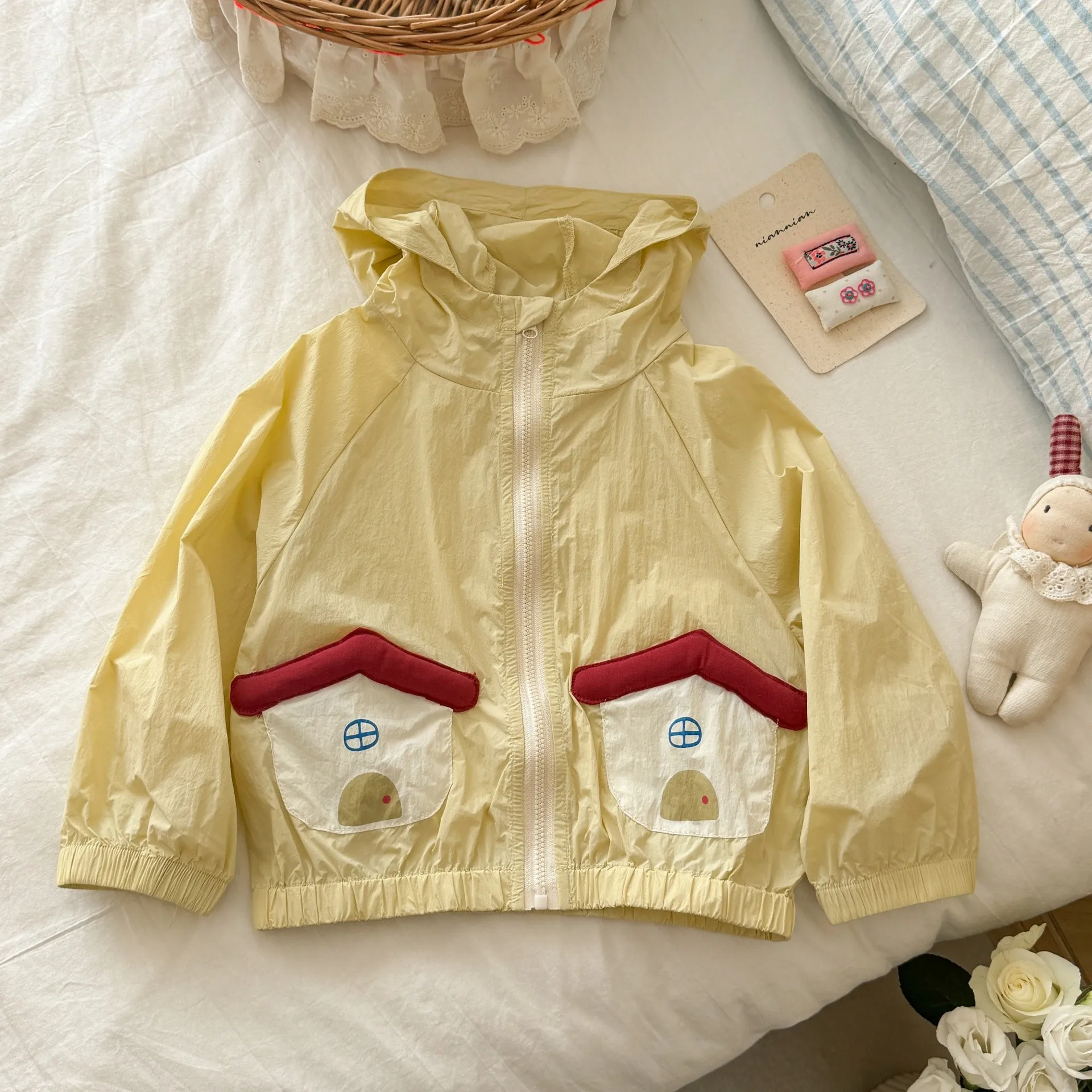 Girls' Hooded Sunscreen Clothes Children's Summer Thin Coat Cartoon Pocket Air Conditioning Shirt Kids Zipper Loose Jackets