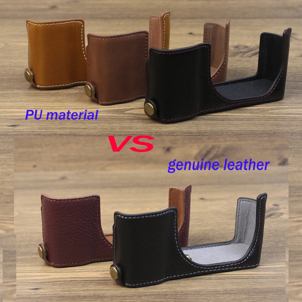 Genuíno caso de couro real saco da câmera para panasonic tz200 tz202 zs220 zs110 meio corpo base capa com abertura inferior versão