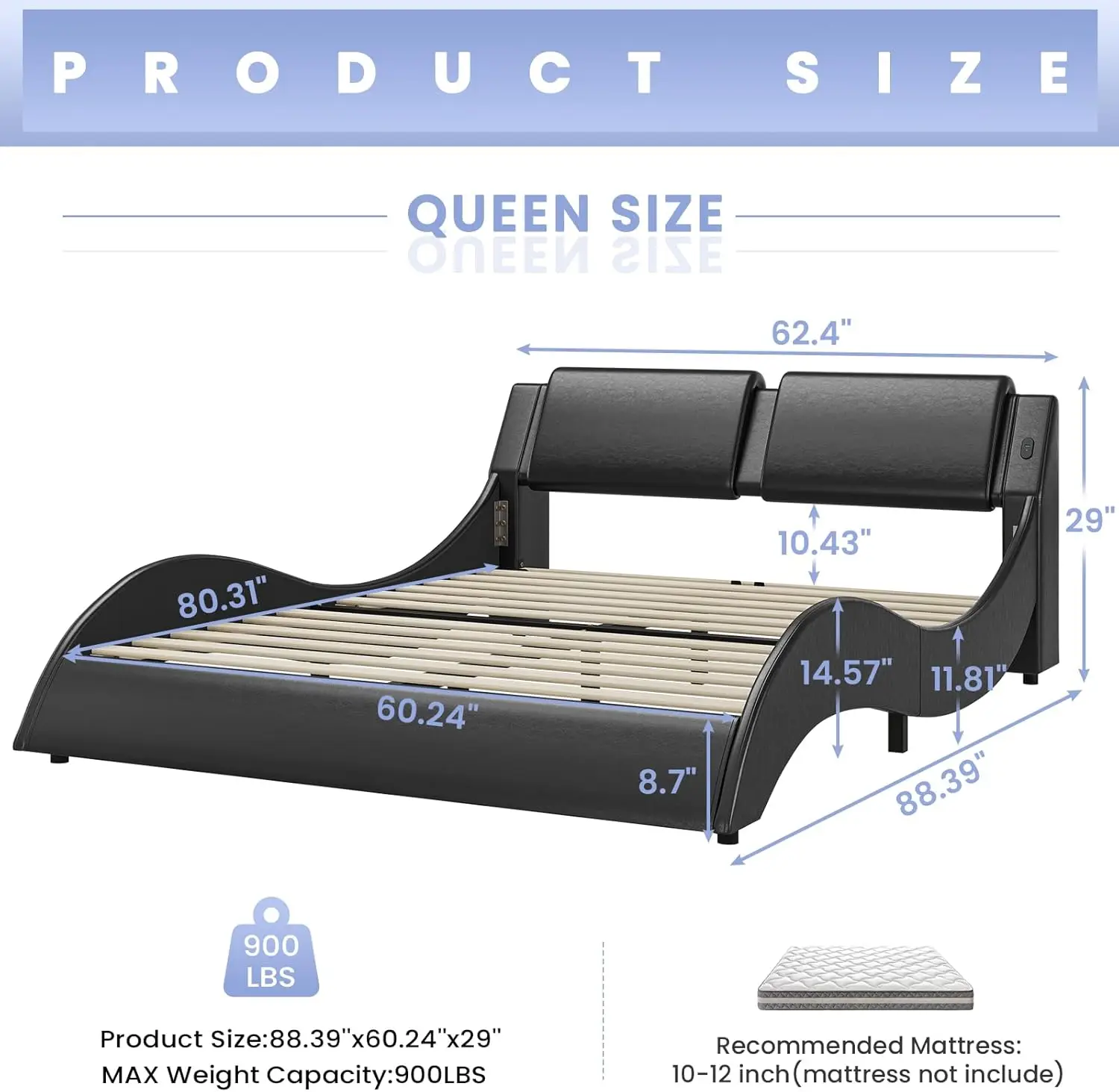 Queen Bed Frame w/ Led Lights & Charging Ports Modern Faux Leather Upholstered w/Headboard Wave Like Curve Low Profile Bed,Black