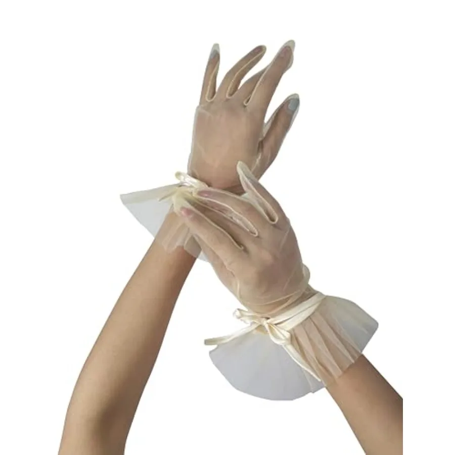 Women's Ruffles Tea Party Mesh Tulle Gloves Christmas Evening Short Gloves Wedding Party Accessory