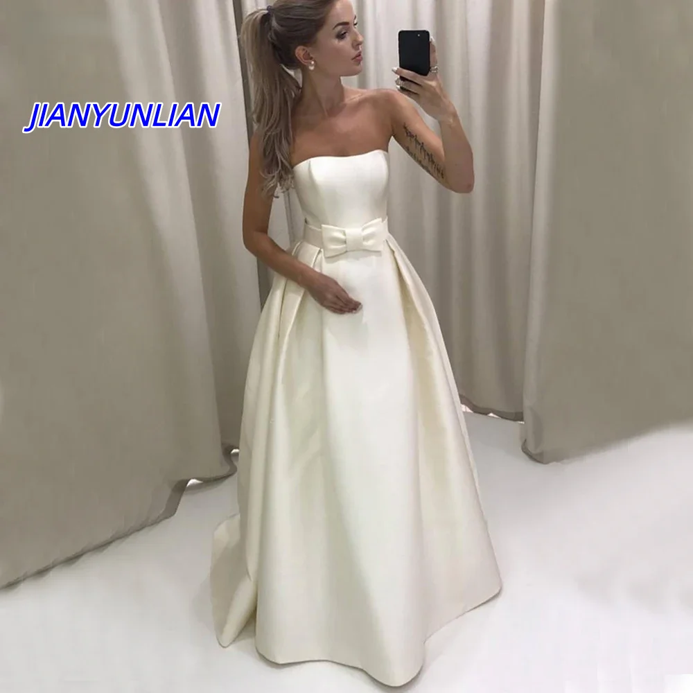 

Customized Charming Stain Long Wedding Gown Strapless With Bow Maid Of Honor Dress Custom Made Cheap