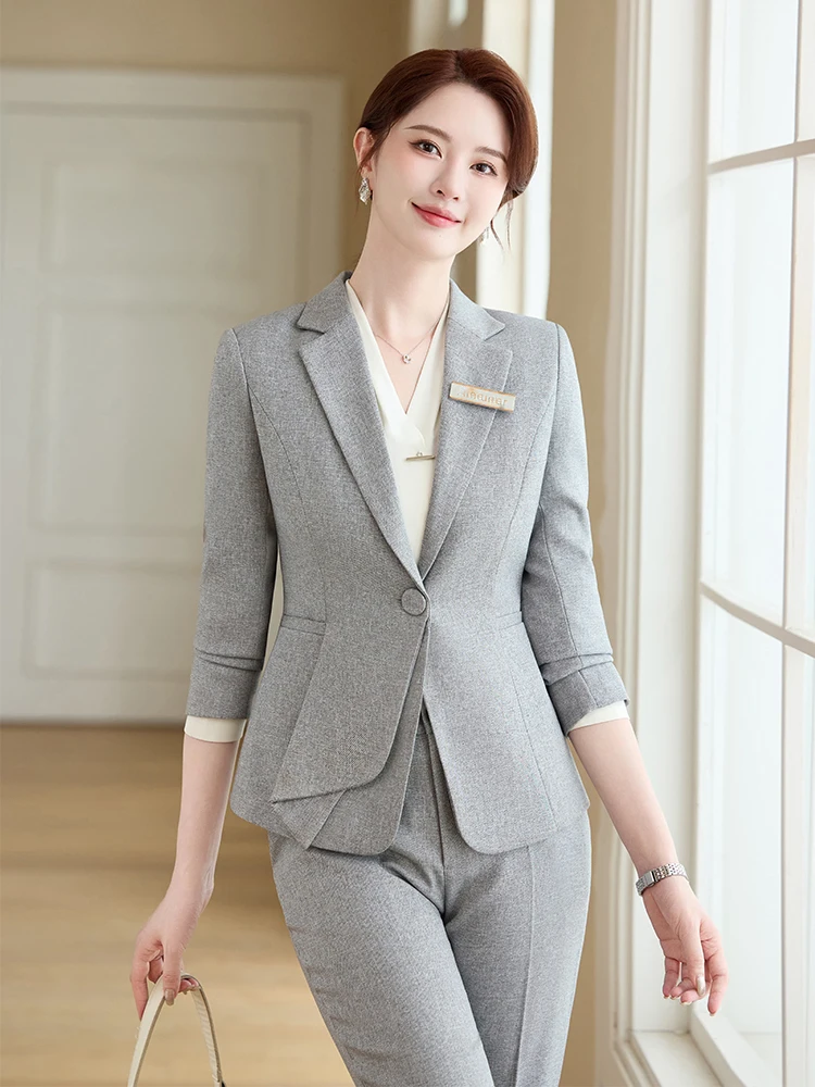 Completo da donna con pantalone da ufficio grigio nero da donna, set da 2 pezzi, giacca e pantaloni formali