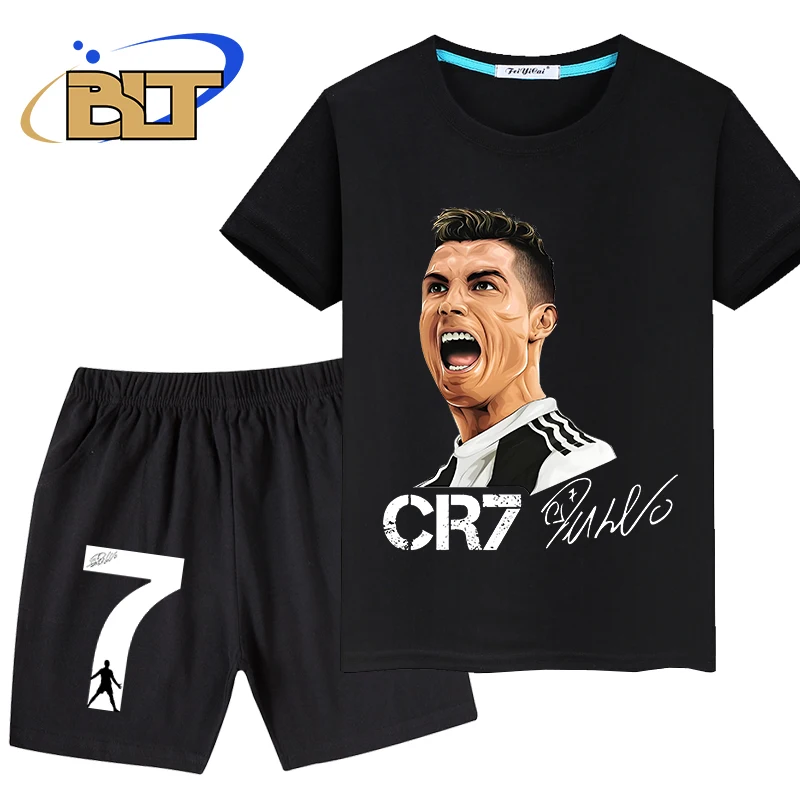 Ronaldo avatar printed children\'s clothing summer boys sports T-shirt suit casual shorts shorts 2-piece set