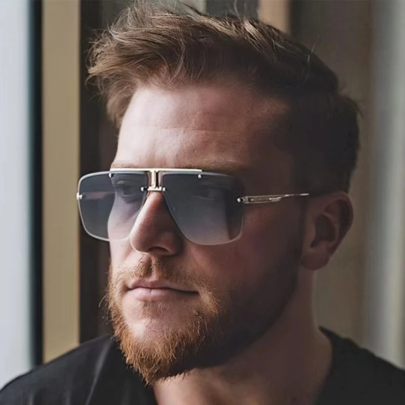 Explosive European and American autumn double beam frameless sunglasses square frame retro men's fashionable sunglasses