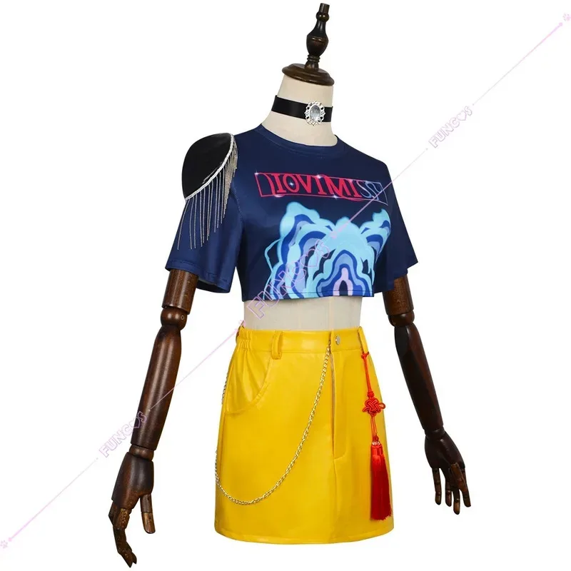 Anime KPop Demon Hunters Mira Cosplay Costume Wig T-shirt Skirt Earrings Necklace Tassel Props For Women Girls Huntrix Halloween