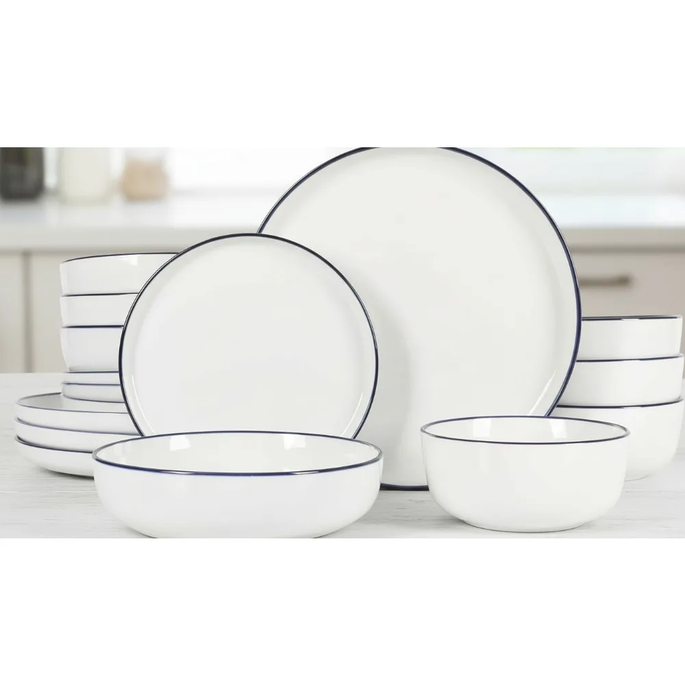 

16-Piece Porcelain Dinnerware Set, Chip & Scratch Resistant, Microwave & Dishwasher Safe Plates Bowls White Blue Rim