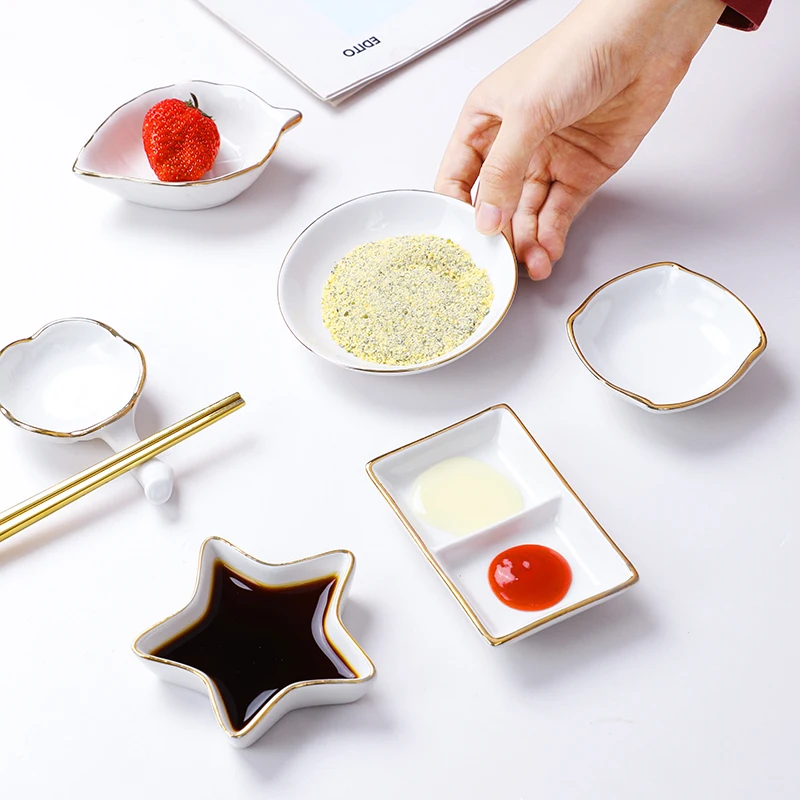 Gold-Rimmed Ceramic Small Dish Home Soy Vinegar Saucer Hot Pot Dip Seasoning Bowl Pickle Small Plate Sushi Sauce Platter