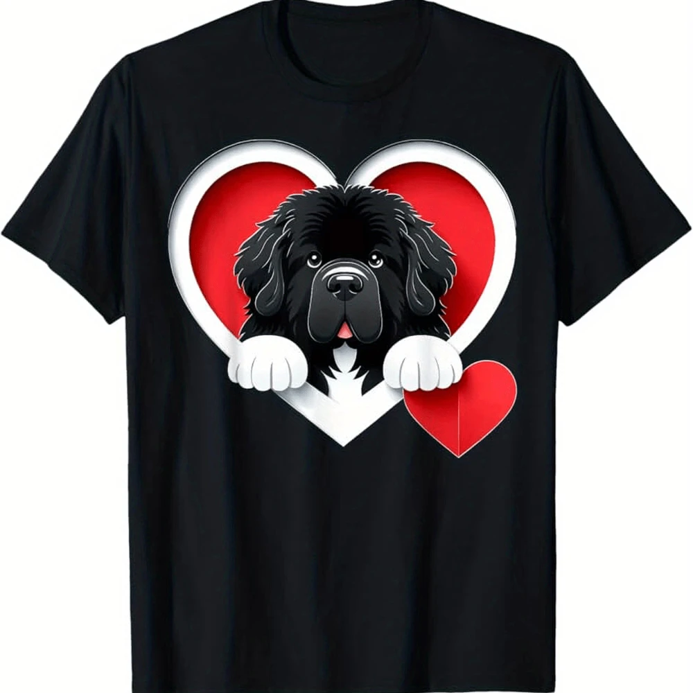 Newfoundland Dog Lover T-Shirt Cute New Newfoundland Puppy Heart Pattern Black Cotton Casual Top Adult Regular Fit All-Season