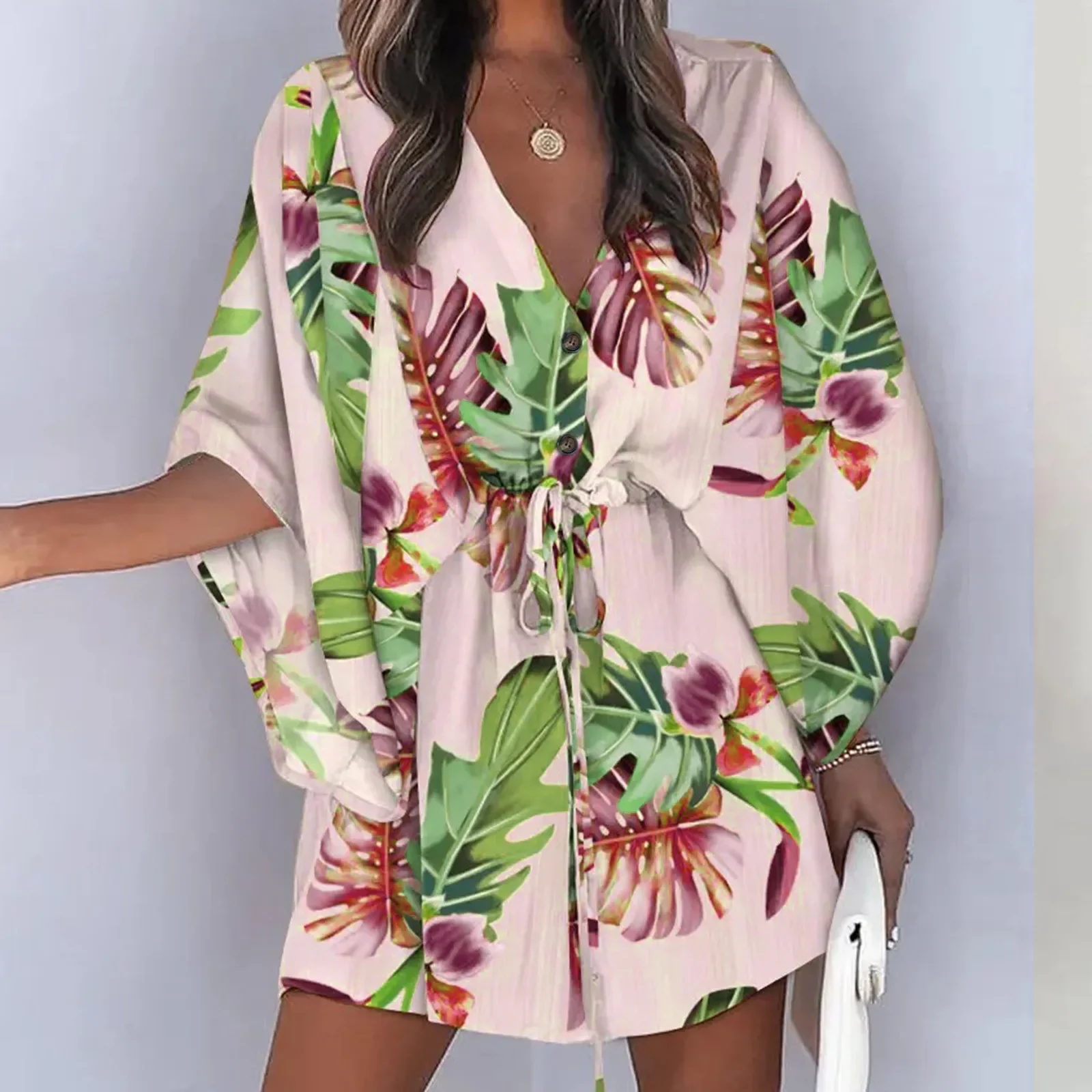 Vestido feminino estampado floral, linha, manga curta, capa, vestido feminino, verão, praia, férias, acima do joelho