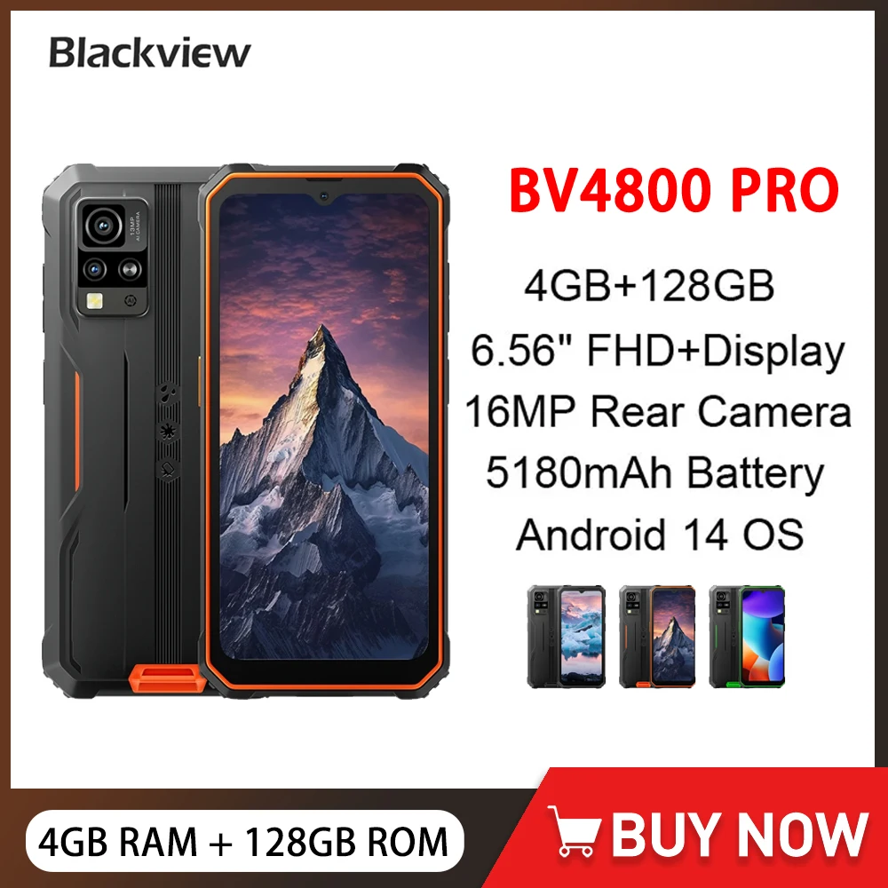 Blackview BV4800 Pro Rugged Smartphone Android 14 Unisoc T606 6.56 Inch Display 4GB+128GB 13MP Camera 5180mAh 4G Cell Phone NFC