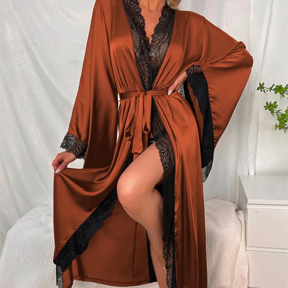 Pigiama lungo da donna di nuovo stile in pizzo a maniche lunghe elegante abbigliamento per la casa stile semplice Leace-up tinta unita confortevole moda sottile