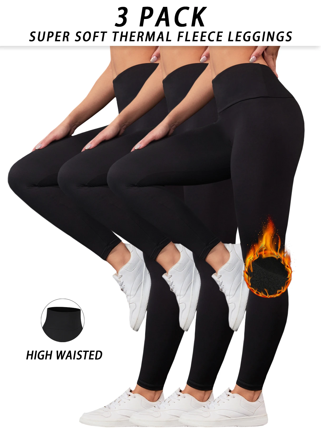 

3 Pack Womens Thermal Fleece Lined High Waisted Leggings. Workout Winter Warm Thick Tights Soft Yoga Pants