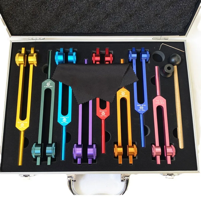 Colorful Tuning Fork 126.22 136.1 141.27 172.06 194.18 210.42 221.23 OM Aluminum Box Tuning Forks Set Healing Musical Percussion