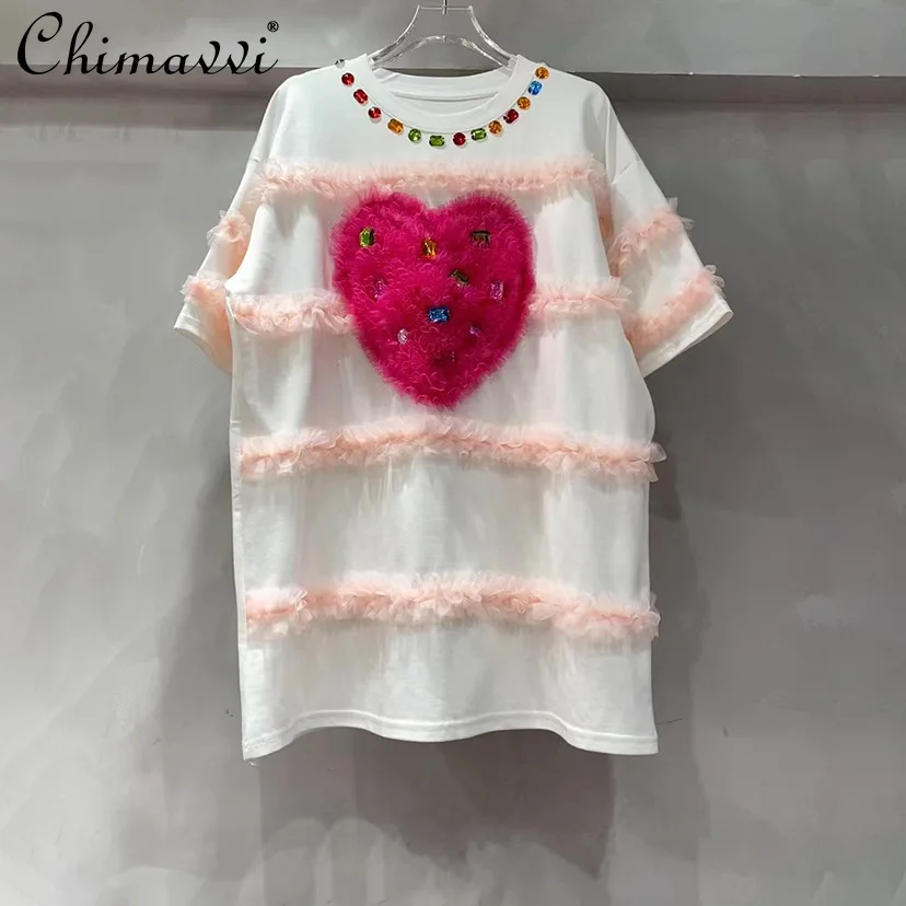 

Exquisite Rhinestone Mesh Stitching Love T-shirt for Women Summer New Fashion Short Sleeve Sweet Loose Versatile Tee Tops