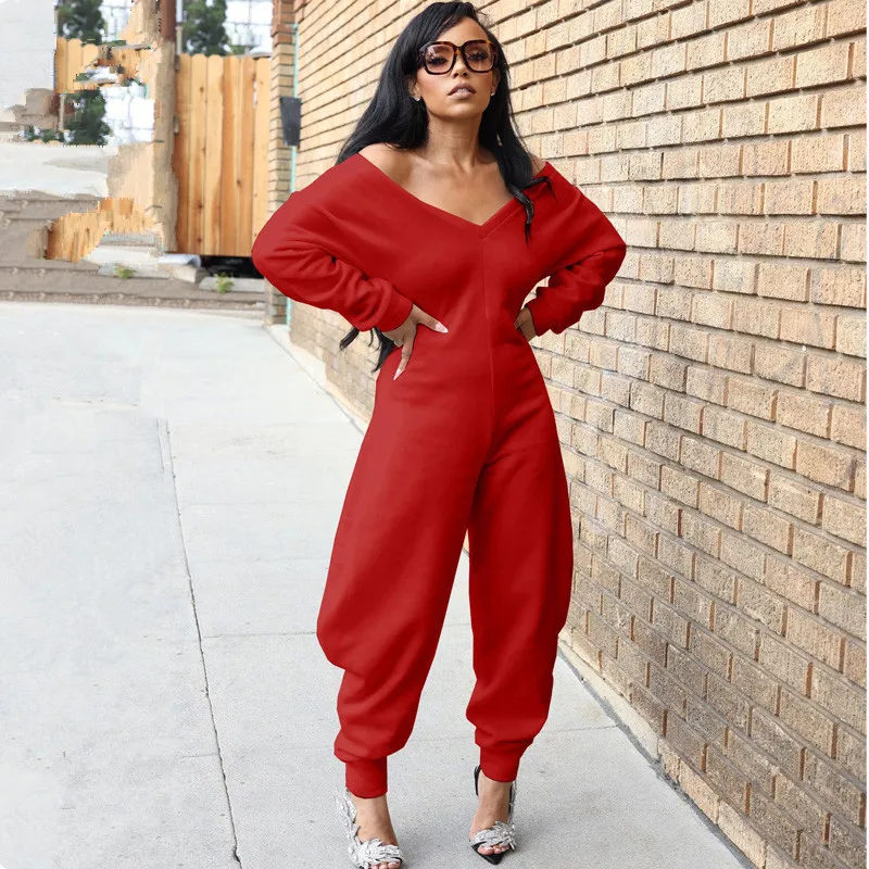 秋冬レディース長袖Vネックゆったりジャンプスーツワンピースセットパーティーカジュアルフィットネスストリートウェア衣装