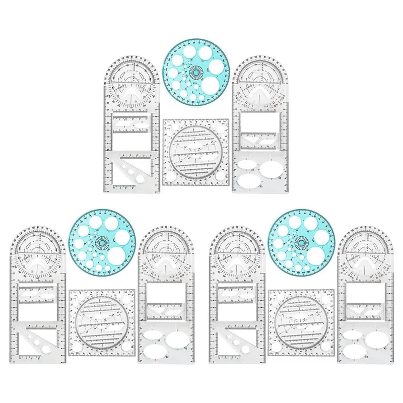 12 Pcs Multifunctional Geometric Ruler Drawing Tools Plastic Ruler Set Mathematics Measuring Circle Drawing Rulers