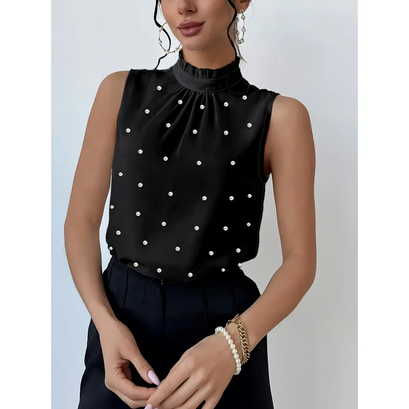 Women's Elegant Pearl Embellished Sleeveless Wedding Banquet Shirt - White Pearl Button Front Stand