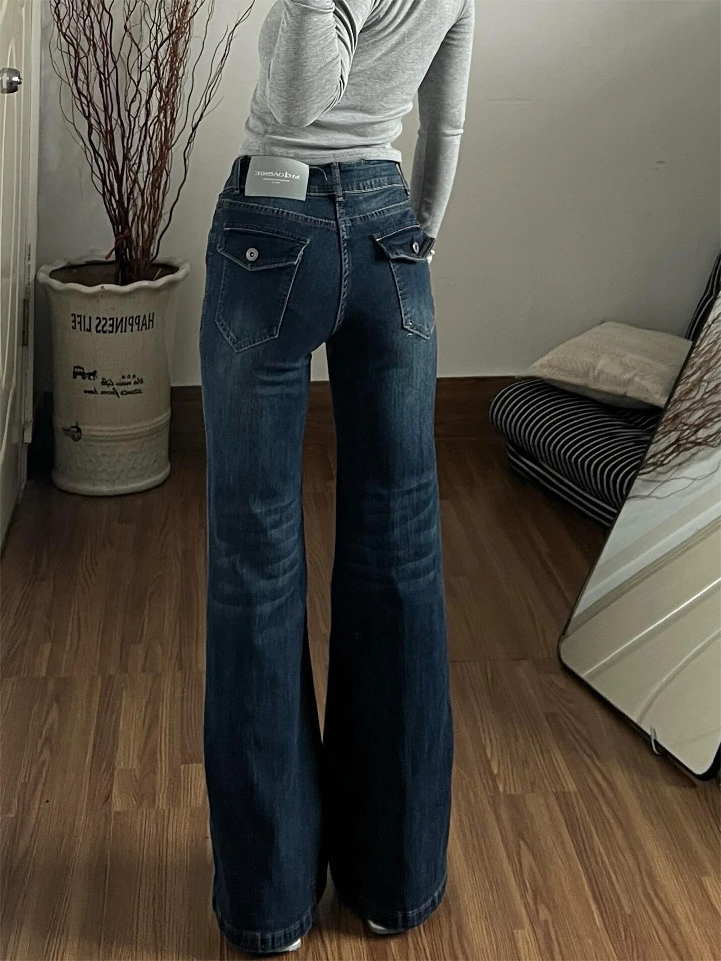 

Расклешенные узкие джинсы в стиле ретро, женские темно-синие прямые брюки длиной до пола, зимние новые повседневные брюки с эффектом памяти Sle Ape