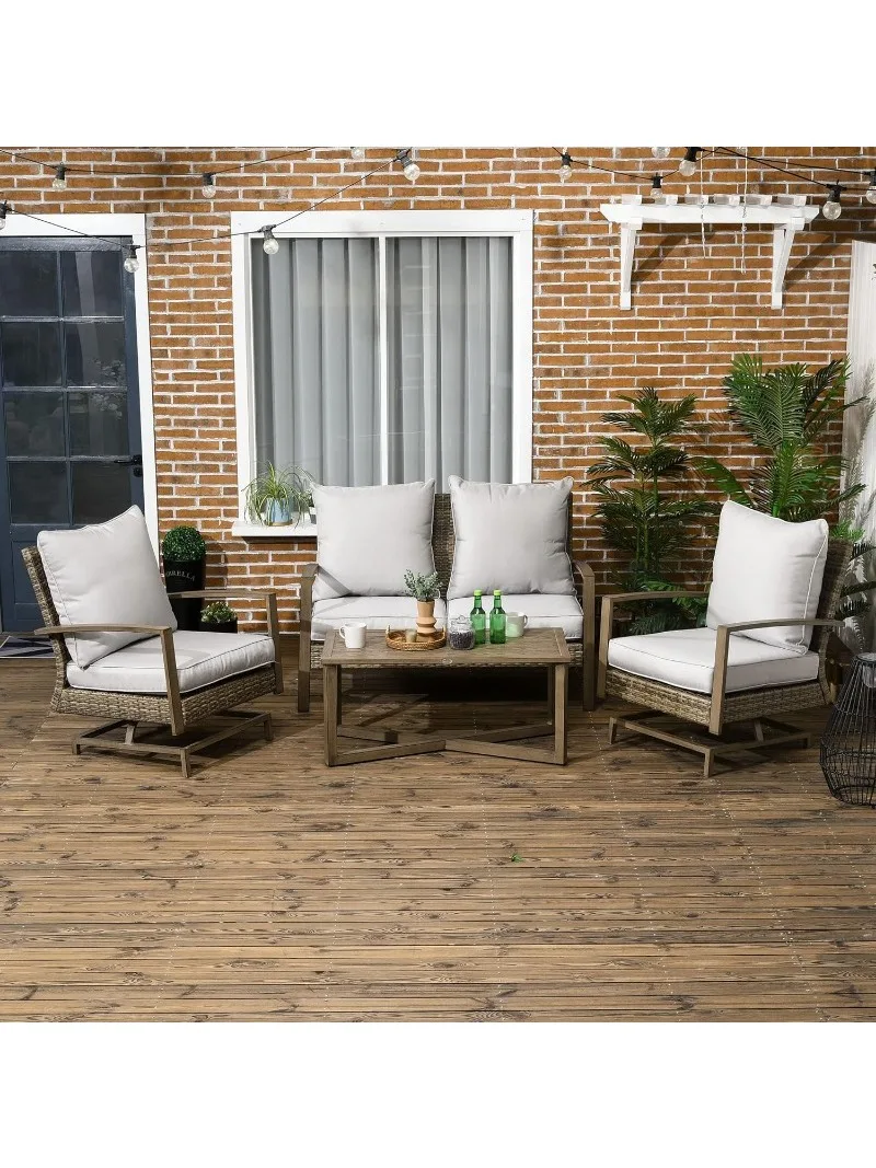 4 Piece Wicker Patio Furniture Set with 2 Rocking Chairs, Loveseat Sofa, Outdoor PE Rattan Conversation Set