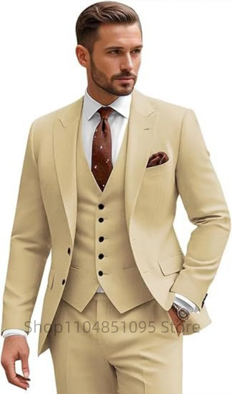 

Elegant Suits for Men 3 Pieces Blazer Vest Pants Set Peak Lapel Two Buttons Regular Male Suit for Wedding Banquet Evening Party