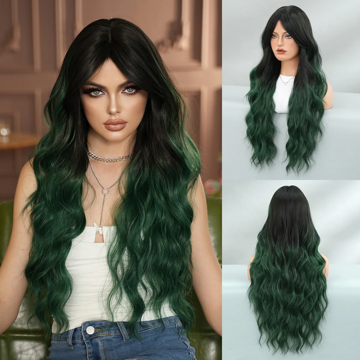 

Gradual change dark green wig long curly hair wavy eight-character bangs fluffy European and American color wig women full headg