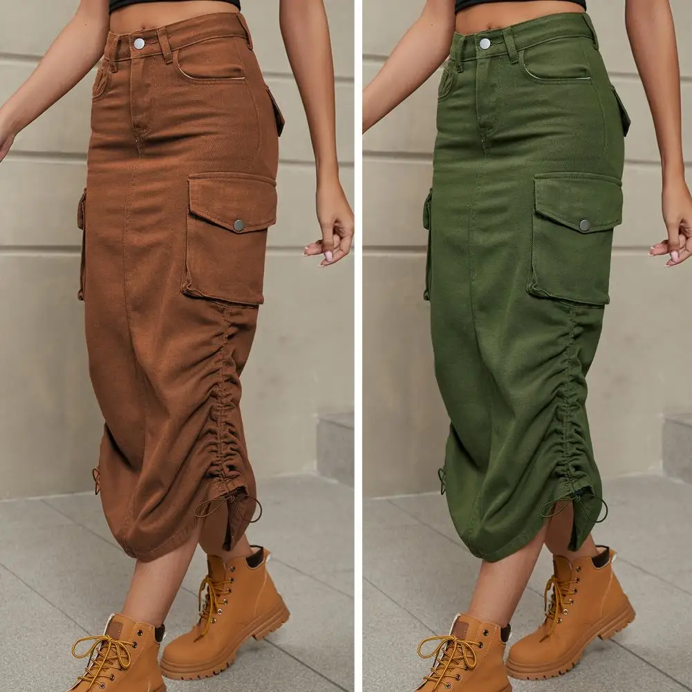 

2023 Ruched Drawstring Parachute Cargo Black Gray Beige Maxi Skirt Long Skirts Women High Street Streetwear