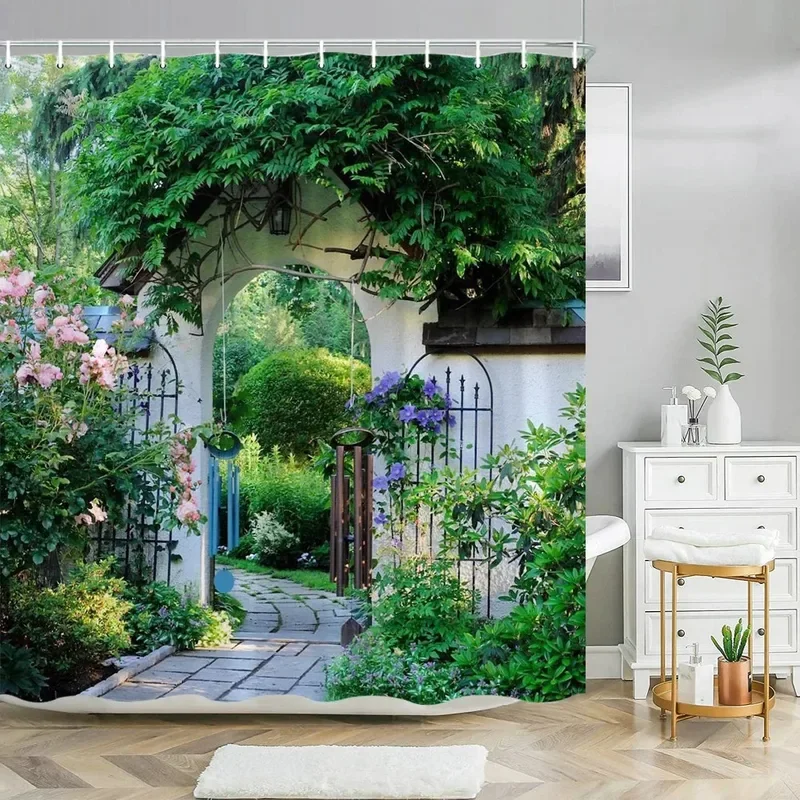 Outdoor Garden Scenery Shower Curtain Country Town Street Waterproof Polyester Home Bath Curtains With Hooks Bathroom Decoration