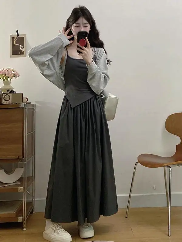 플러스 사이즈 봄 여름 한국 스타일 매칭 세트 오픈 카디건 탑과 스트랩 드레스 투피스 세트 하이웨이스트 A라인 스커트