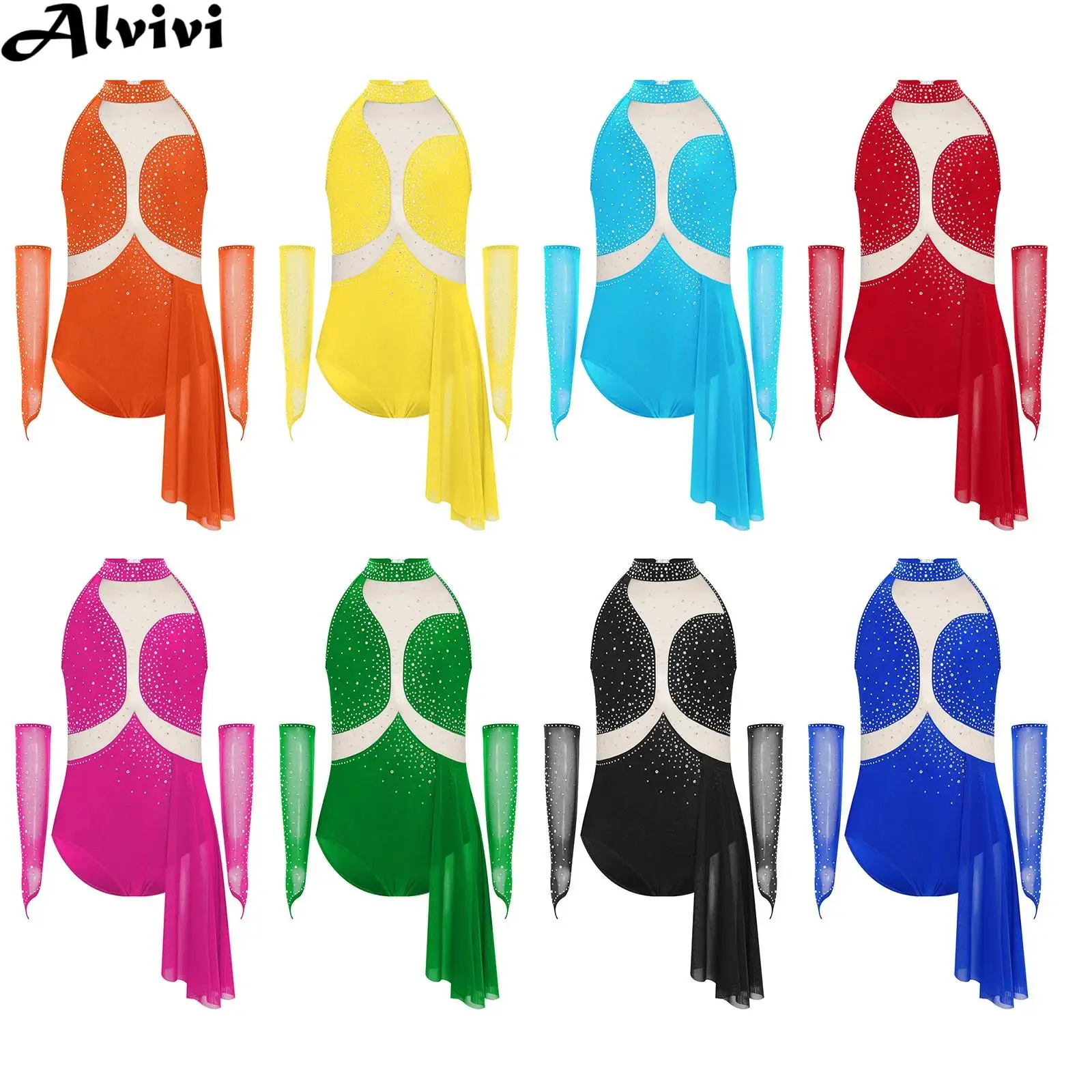 Children Girls Shiny Rhinestones Sheer Mesh Modern Lyrical Dance Leotard Dress with Gloves for Gymnastics Ballet Figure Skating