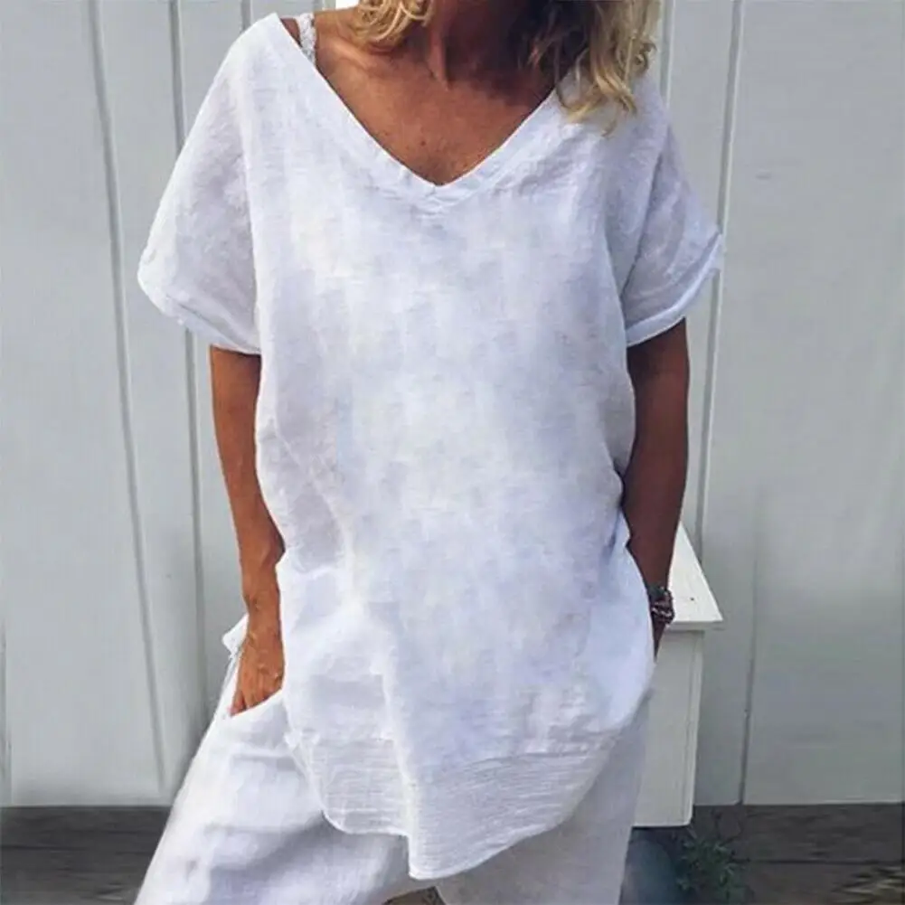 Cotton Linen Loose Women T-shirt V-Neck Batwing Short Sleeve Versatile Simple Solid Color Pullover Tunic Top Blouse Streetwear