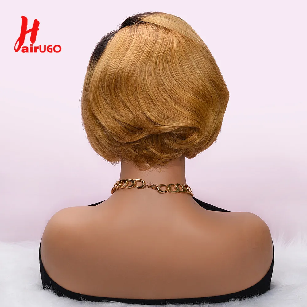 T1B/27 Pixie Cut Wigs 8Inch Colored Short Bob Pixie Cut Wigs Human Hair Remy Omber Color Straight Lace Front Pixie Cut Wigs 180%