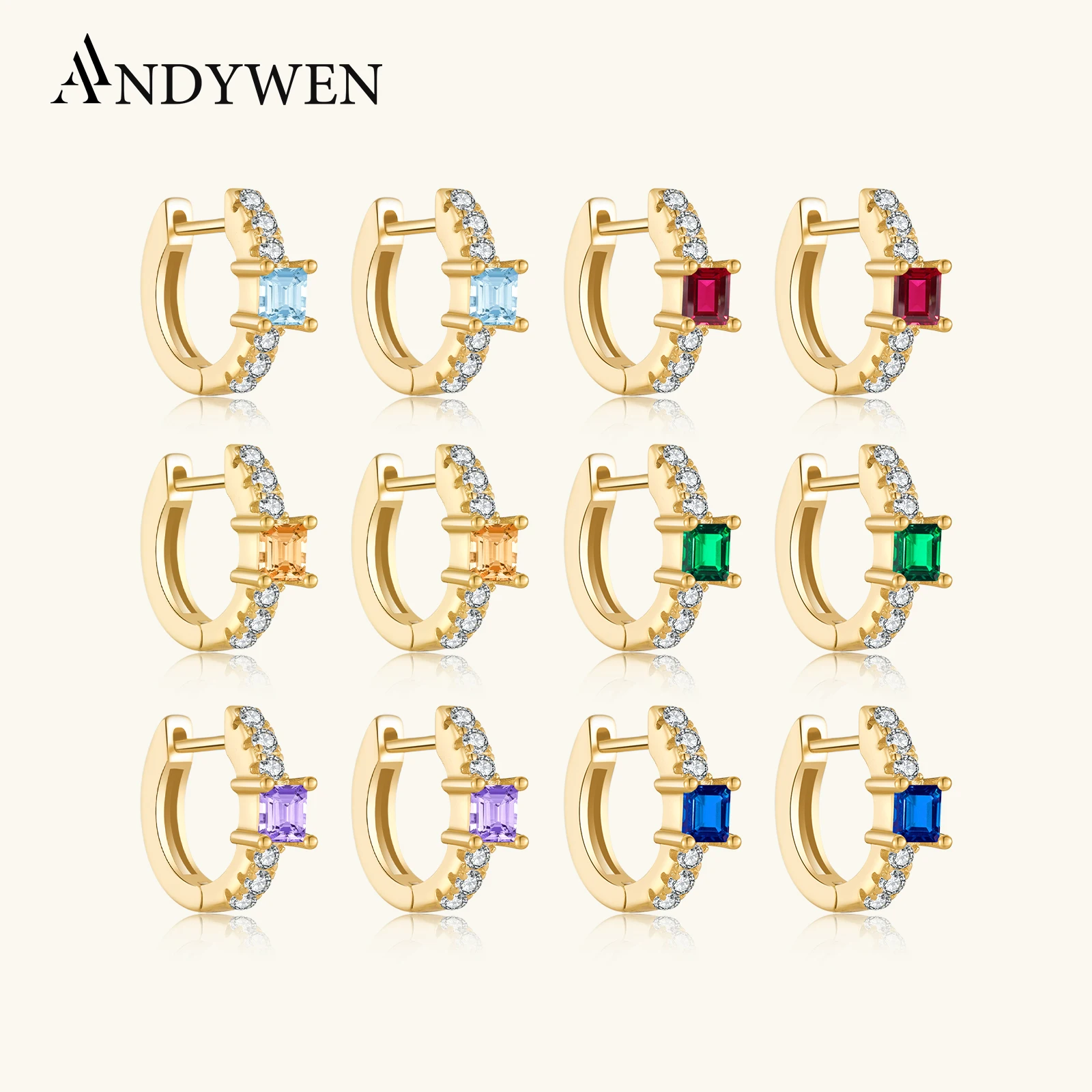 ANDYWEN-Pendientes de plata de ley 925 con cristales de circonita, piercing, de color azul claro, aros medios, 8mm huggies