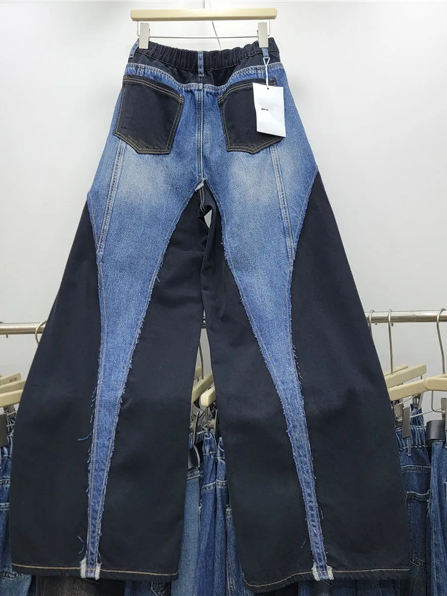GALCAUR Frayed Spliced Pocket Loose Denim Trousers for Women High Waist Patchwork Button Zipper Casual Jeans Female Fashion New
