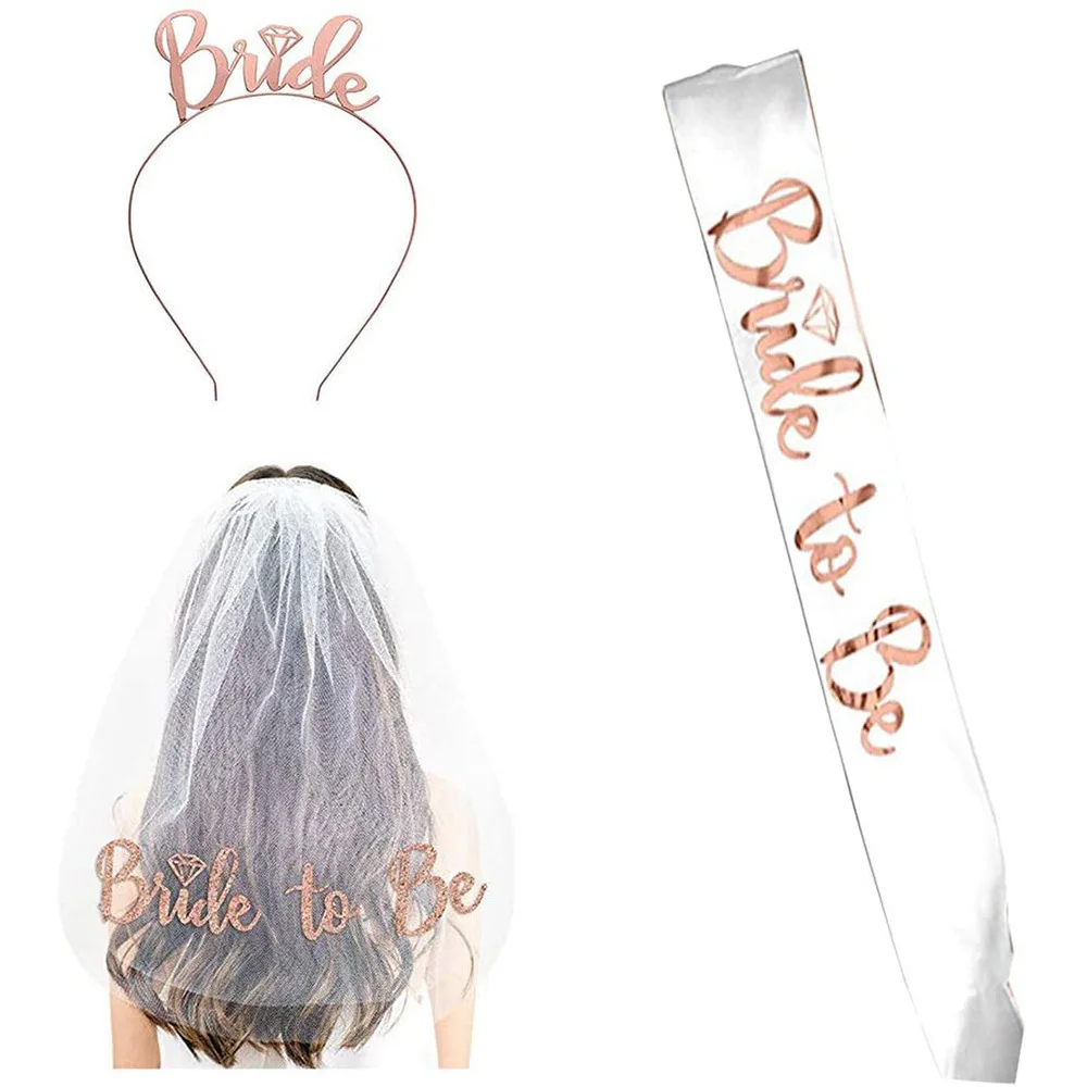 1Set Bride To Be Veil Satin Sash Hiarband Bridal Shower Wedding Decorations Tattoo Stickers Hen Bachelorette Party Supplies