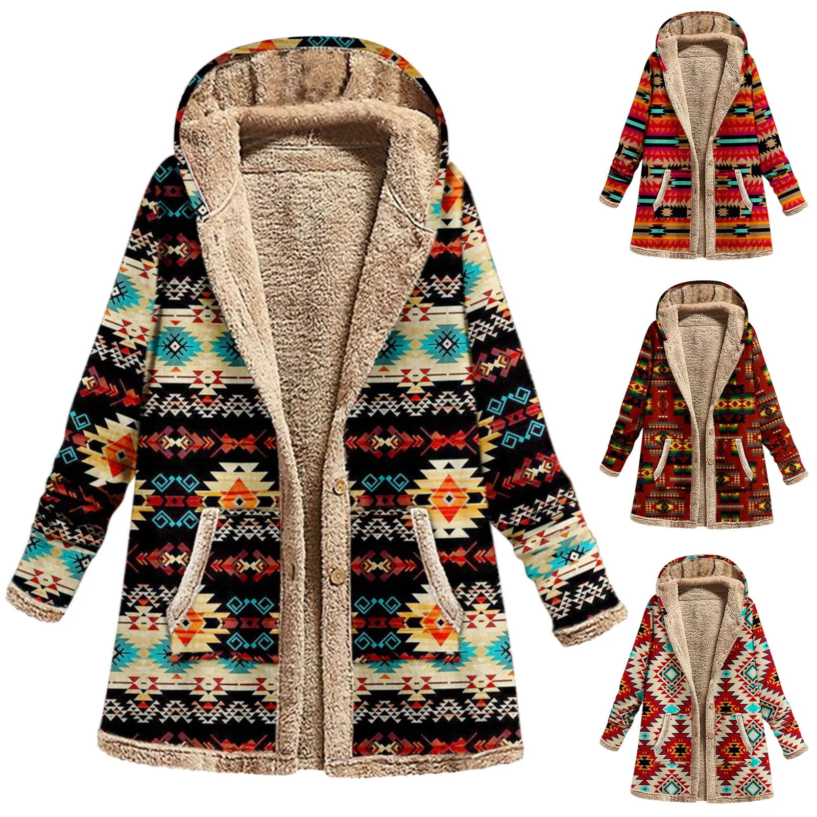 

2023 Autumn Winter Hot Selling Cotton and Linen Printed Hooded Sweater Woman Warm Plush Jacket Women