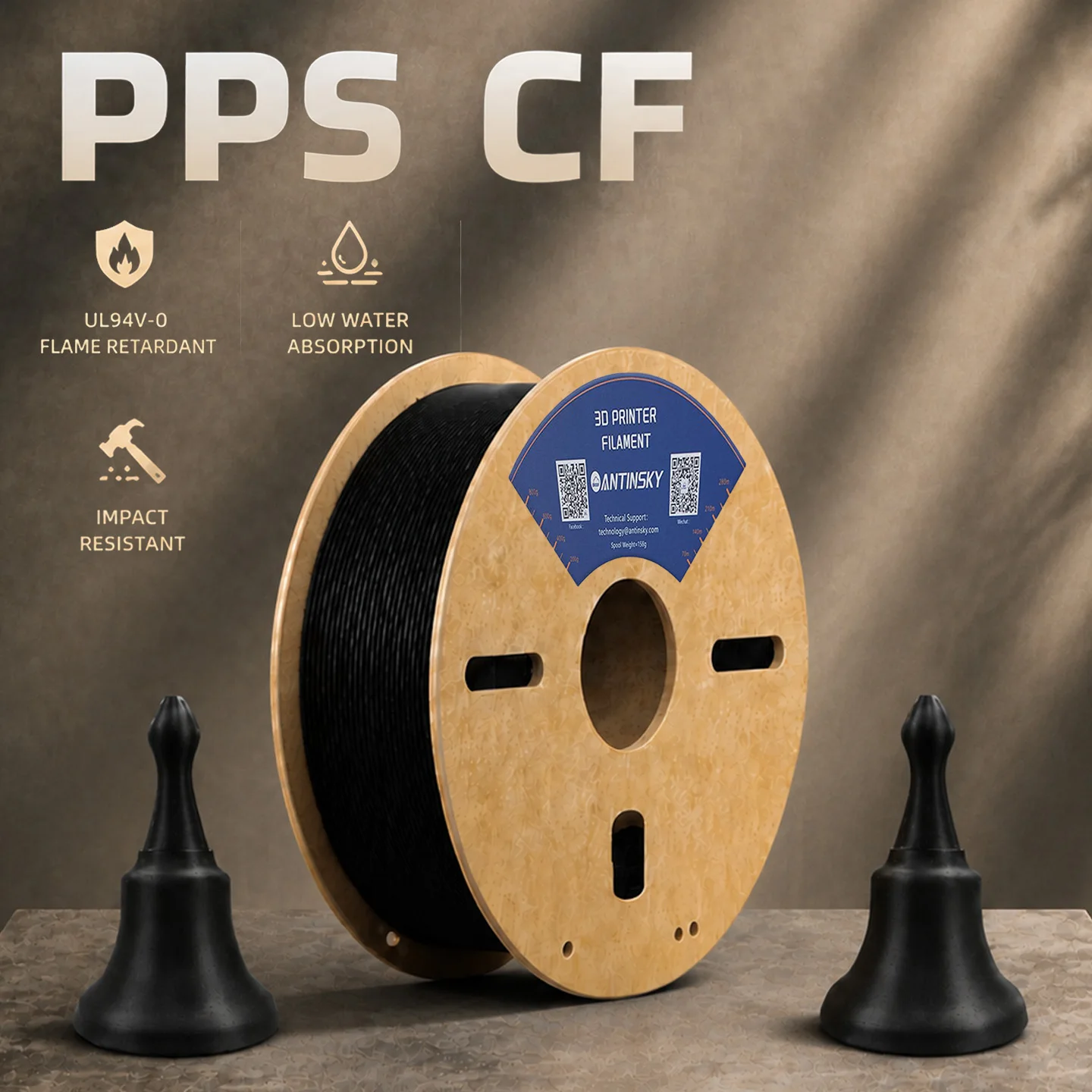 ANTINSKY PPS‑CF High Strength Filament 1.75mm 0.5kg Carbon Fiber Reinforced Polyphenylene Sulfide High Temp Flame Retardant