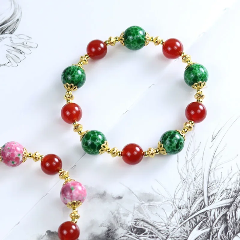 Dopamine Frog Skin Glaze Beaded Bracelet Vintage Chinese Style Bracelet for Women Pink Green Contrast Design Jewelry Gifts