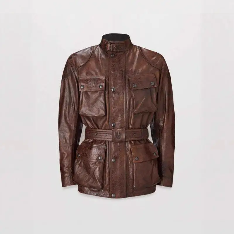 Exquisito Jaet de cuero para hombre, ropa de caza al aire libre, abrigo de invierno con cinturón multitarjeta, cuero PU de cinco mangas