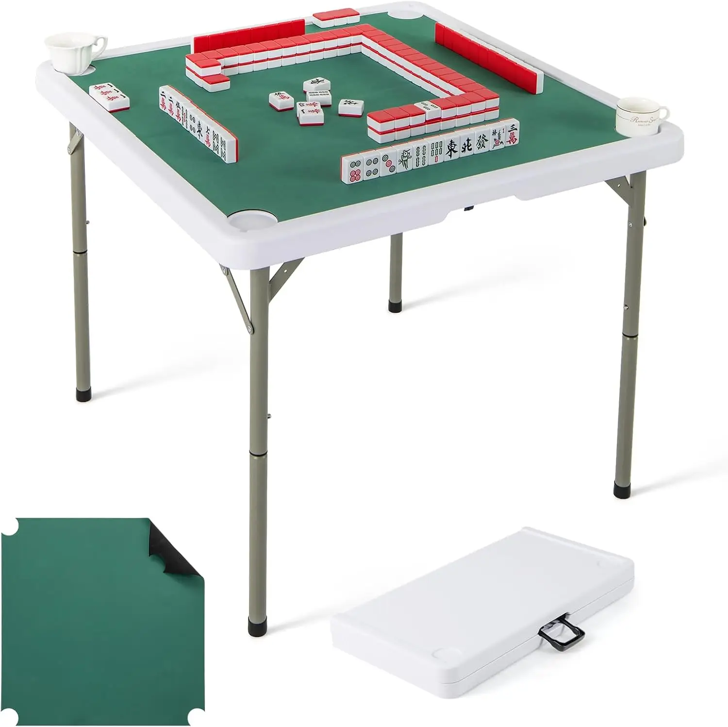 Mesa de Mahjong Goplus, mesa de cartas plegable cuadrada de 35"" con portavasos, alfombrilla antideslizante, mesa de HDPE, patas de metal, Mahjong portátil